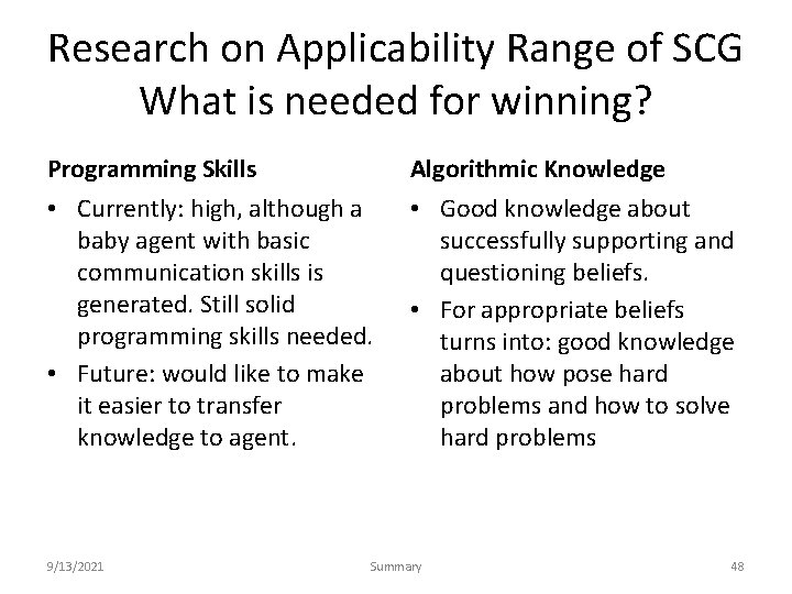Research on Applicability Range of SCG What is needed for winning? Programming Skills Algorithmic