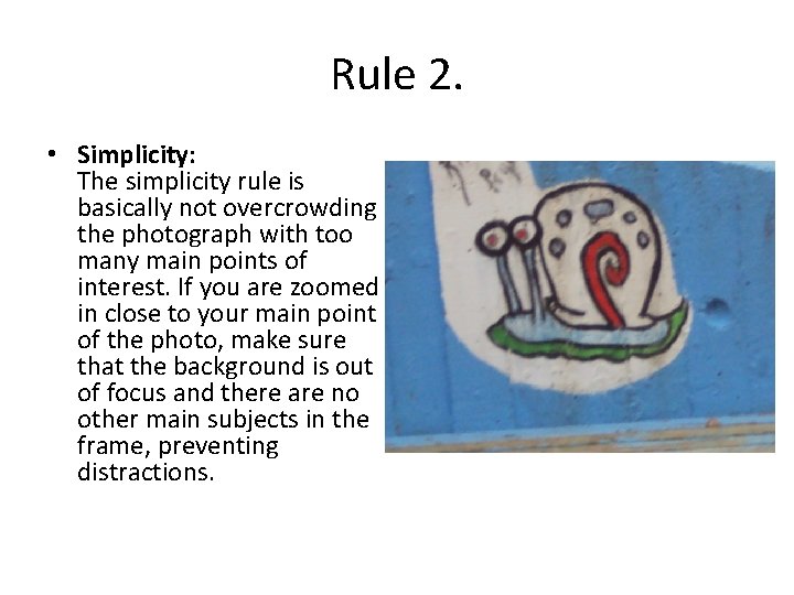 Rule 2. • Simplicity: The simplicity rule is basically not overcrowding the photograph with