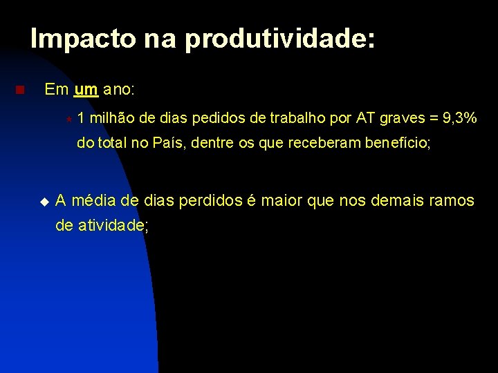 Impacto na produtividade: n Em um ano: « 1 milhão de dias pedidos de