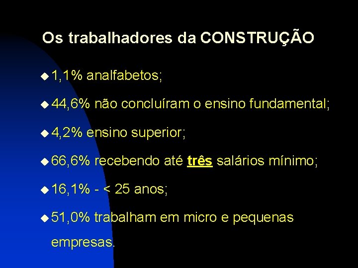 Os trabalhadores da CONSTRUÇÃO u 1, 1% analfabetos; u 44, 6% u 4, 2%
