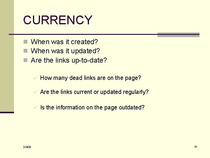 CURRENCY n When was it created? n When was it updated? n Are the
