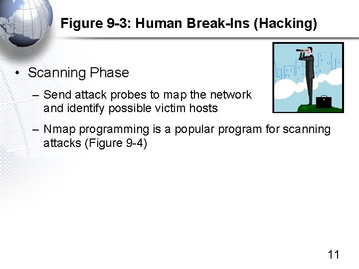 Figure 9 -3: Human Break-Ins (Hacking) • Scanning Phase – Send attack probes to