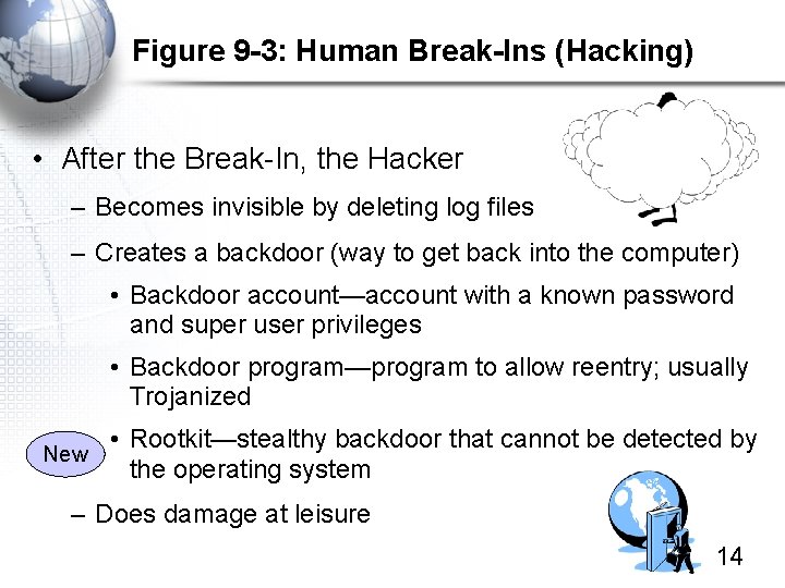 Figure 9 -3: Human Break-Ins (Hacking) • After the Break-In, the Hacker – Becomes