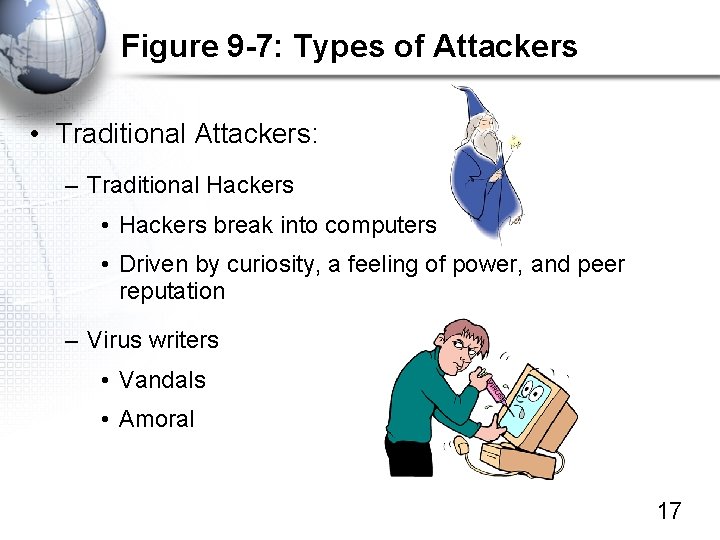 Figure 9 -7: Types of Attackers • Traditional Attackers: – Traditional Hackers • Hackers