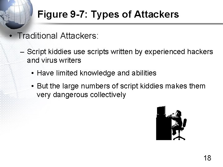 Figure 9 -7: Types of Attackers • Traditional Attackers: – Script kiddies use scripts