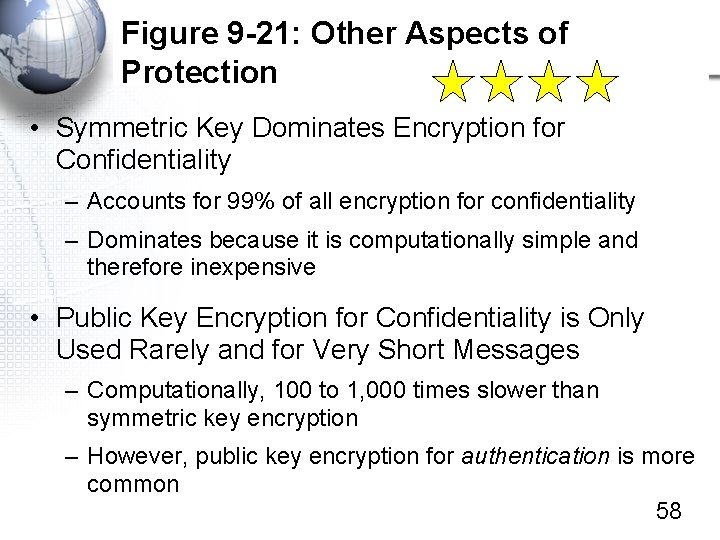 Figure 9 -21: Other Aspects of Protection • Symmetric Key Dominates Encryption for Confidentiality