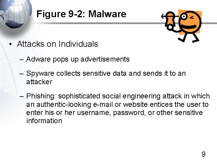 Figure 9 -2: Malware • Attacks on Individuals – Adware pops up advertisements –