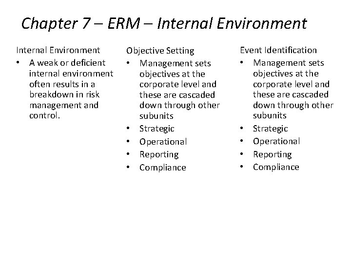Chapter 7 – ERM – Internal Environment • A weak or deficient internal environment