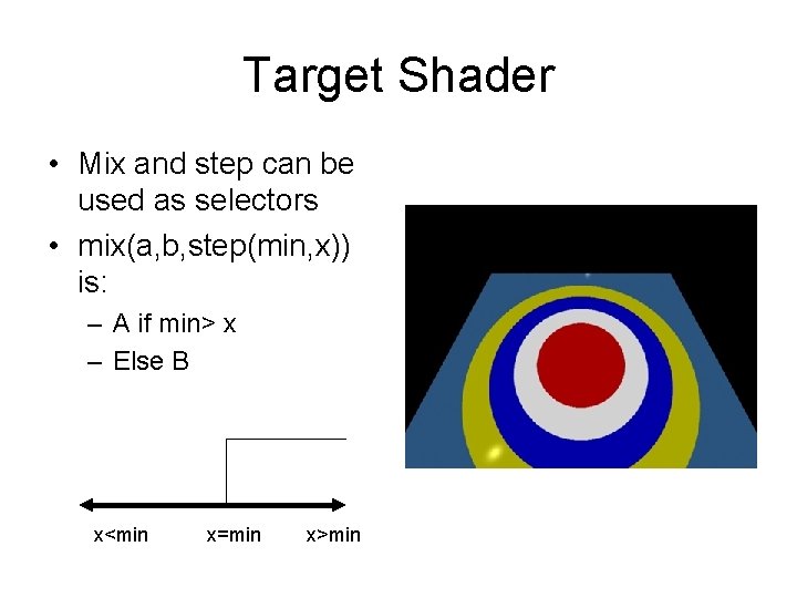 Target Shader • Mix and step can be used as selectors • mix(a, b,