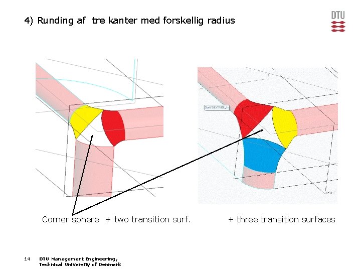 4) Runding af tre kanter med forskellig radius Corner sphere + two transition surf.