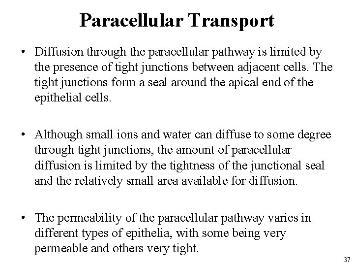 Paracellular Transport • Diffusion through the paracellular pathway is limited by the presence of