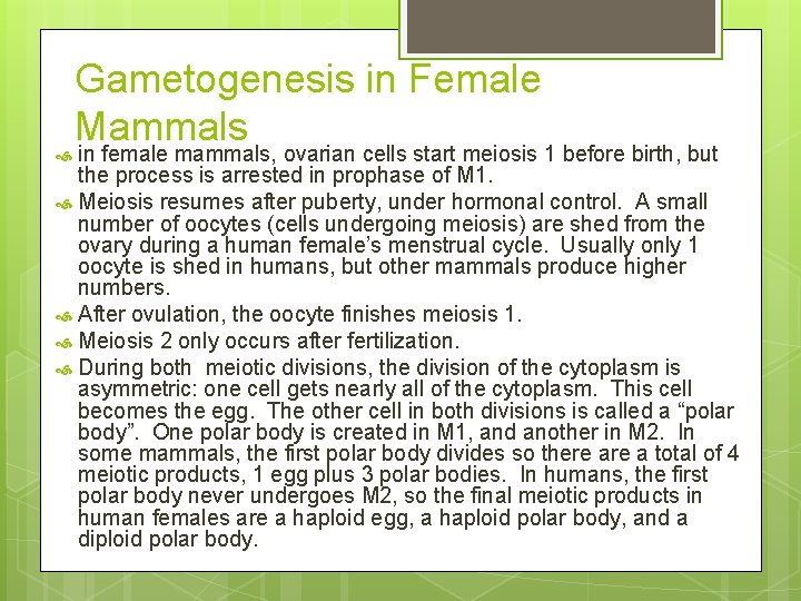 Gametogenesis in Female Mammals in female mammals, ovarian cells start meiosis 1 before birth,
