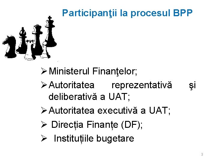 Participanţii la procesul BPP Ministerul Finanţelor; Autoritatea reprezentativă deliberativă a UAT; Autoritatea executivă a
