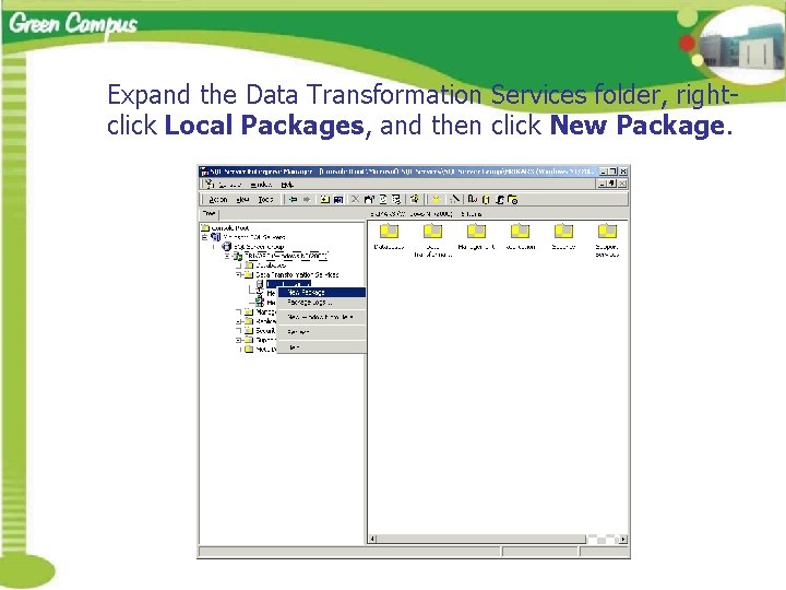 Expand the Data Transformation Services folder, rightclick Local Packages, and then click New Package.