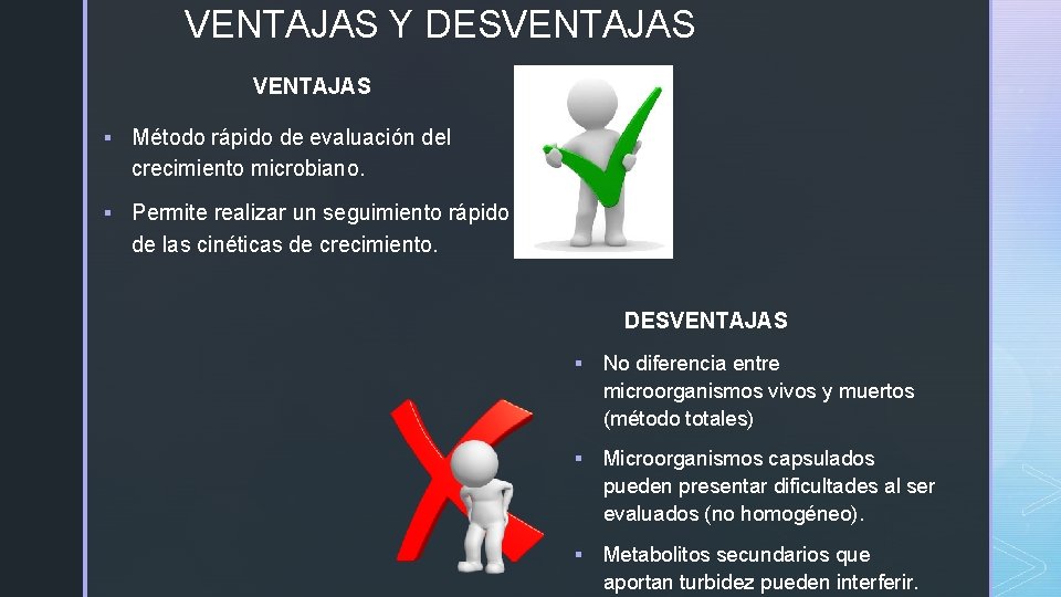 VENTAJAS Y DESVENTAJAS § Método rápido de evaluación del crecimiento microbiano. § Permite realizar