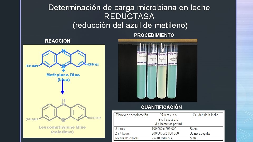 Determinación de carga microbiana en leche REDUCTASA (reducción del azul de metileno) PROCEDIMIENTO REACCIÓN