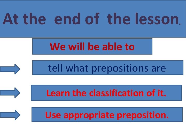 At the end of the lesson We will be able to tell what prepositions