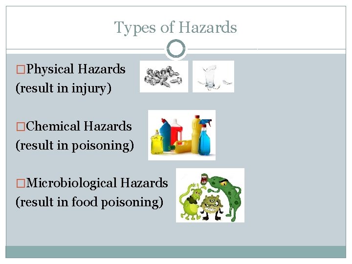 Types of Hazards �Physical Hazards (result in injury) �Chemical Hazards (result in poisoning) �Microbiological