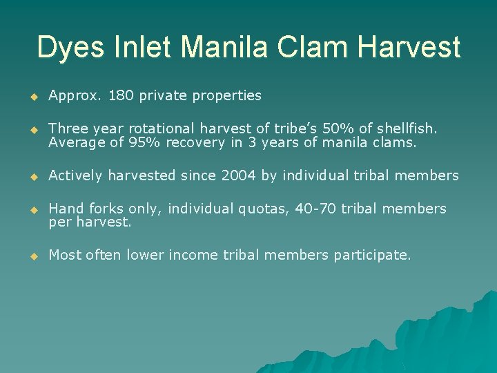 Dyes Inlet Manila Clam Harvest u Approx. 180 private properties u Three year rotational