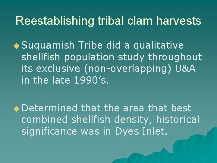 Reestablishing tribal clam harvests u Suquamish Tribe did a qualitative shellfish population study throughout