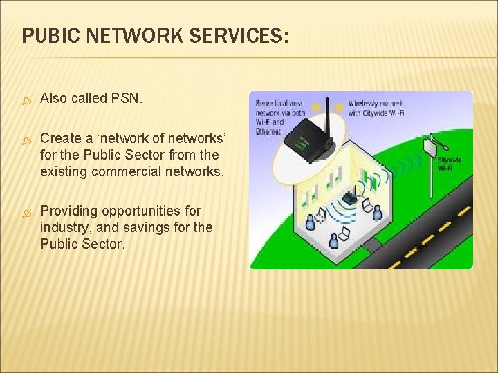 PUBIC NETWORK SERVICES: Also called PSN. Create a ‘network of networks’ for the Public