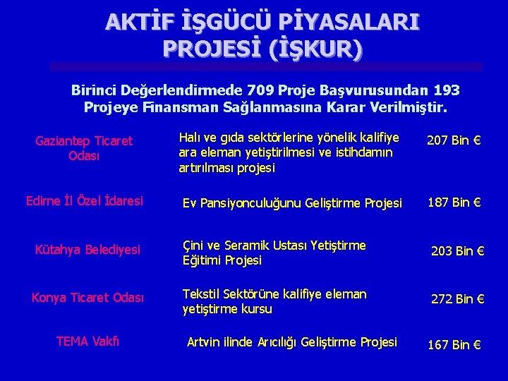 AKTİF İŞGÜCÜ PİYASALARI PROJESİ (İŞKUR) Birinci Değerlendirmede 709 Proje Başvurusundan 193 Projeye Finansman Sağlanmasına