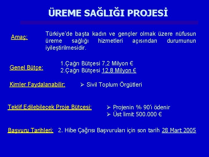 ÜREME SAĞLIĞI PROJESİ Amaç: Genel Bütçe: Türkiye’de başta kadın ve gençler olmak üzere nüfusun