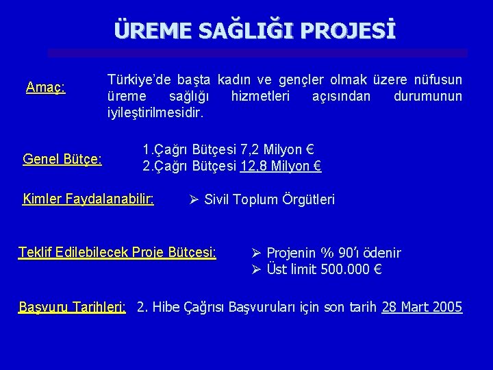 ÜREME SAĞLIĞI PROJESİ Amaç: Genel Bütçe: Türkiye’de başta kadın ve gençler olmak üzere nüfusun