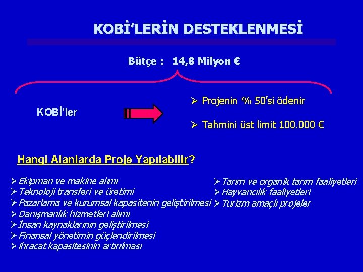 KOBİ’LERİN DESTEKLENMESİ Bütçe : 14, 8 Milyon € KOBİ’ler Ø Projenin % 50’si ödenir