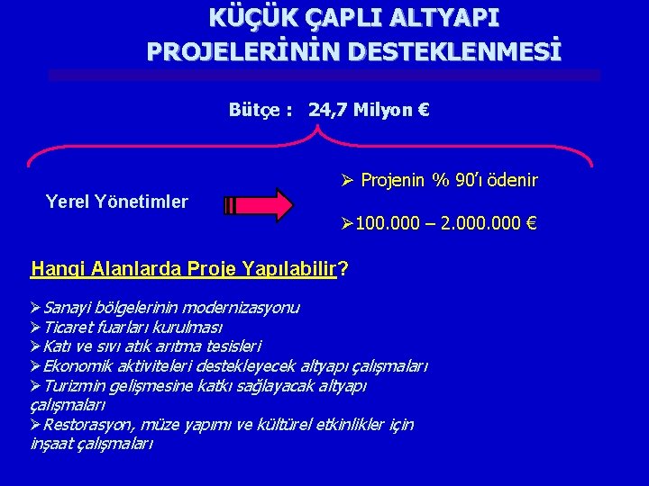 KÜÇÜK ÇAPLI ALTYAPI PROJELERİNİN DESTEKLENMESİ Bütçe : 24, 7 Milyon € Ø Projenin %