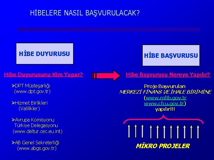 HİBELERE NASIL BAŞVURULACAK? HİBE DUYURUSU Hibe Duyurusunu Kim Yapar? ØDPT Müsteşarlığı (www. dpt. gov.