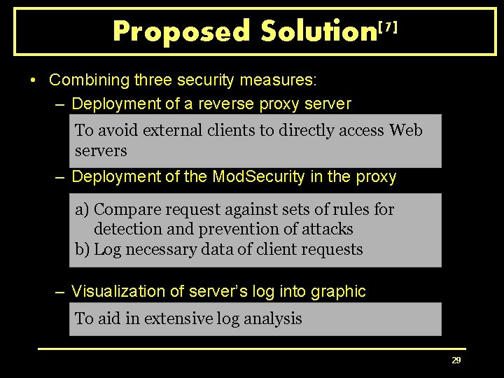 Proposed Solution[7] • Combining three security measures: – Deployment of a reverse proxy server