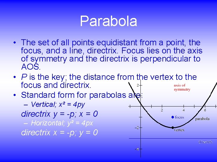 Parabola • The set of all points equidistant from a point, the focus, and