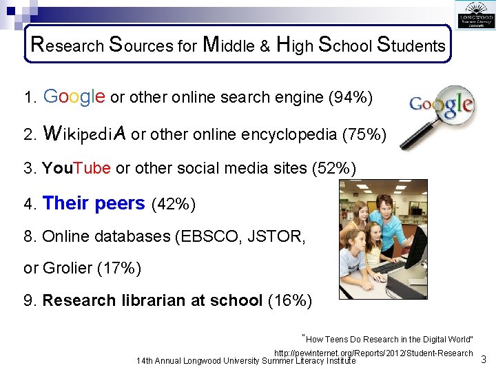 Research Sources for Middle & High School Students 1. Google or other online search