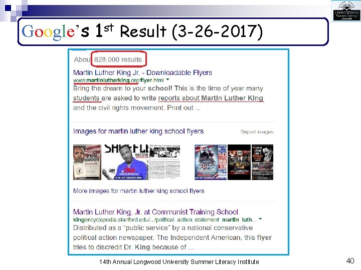 Google’s 1 st Result (3 -26 -2017) 14 th Annual Longwood University Summer Literacy