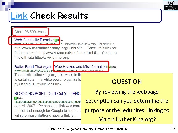 Link Check Results QUESTION By reviewing the webpage description can you determine the purpose