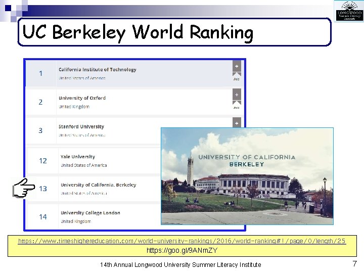 UC Berkeley World Ranking https: //www. timeshighereducation. com/world-university-rankings/2016/world-ranking#!/page/0/length/25 https: //goo. gl/9 ANm. ZY 14