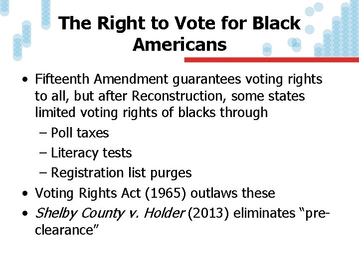 The Right to Vote for Black Americans • Fifteenth Amendment guarantees voting rights to