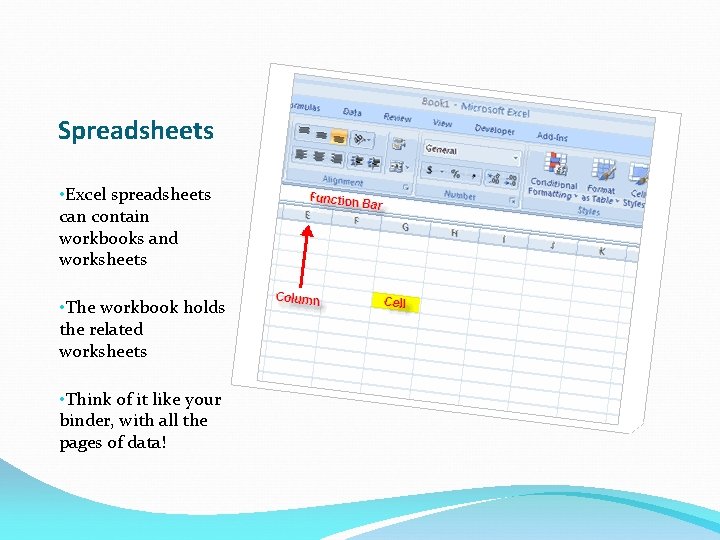Spreadsheets • Excel spreadsheets can contain workbooks and worksheets • The workbook holds the Spreadsheets • Excel spreadsheets can contain workbooks and worksheets • The workbook holds the