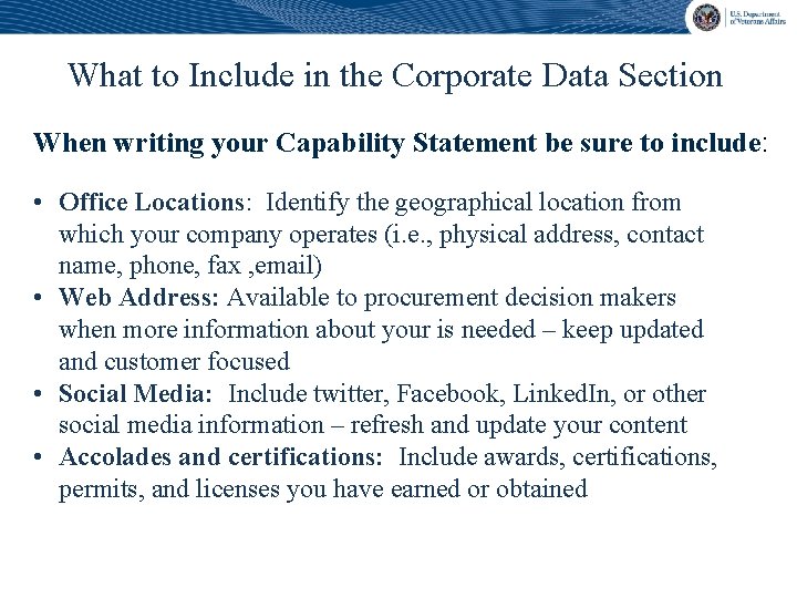 What to Include in the Corporate Data Section When writing your Capability Statement be