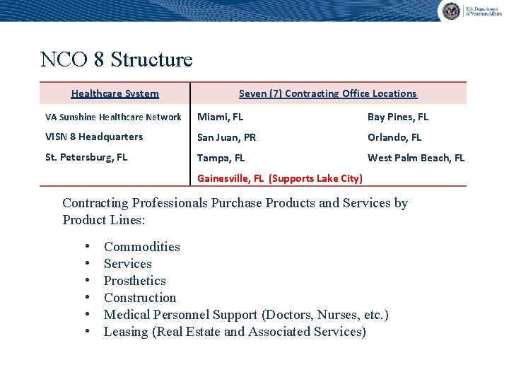 NCO 8 Structure Healthcare System Seven (7) Contracting Office Locations VA Sunshine Healthcare Network