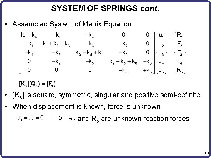 SYSTEM OF SPRINGS cont. • Assembled System of Matrix Equation: • [Ks] is square,