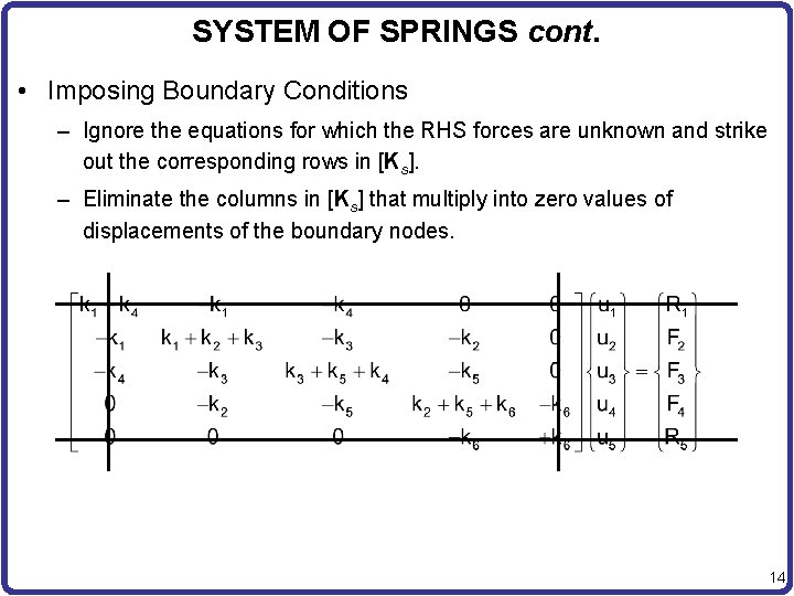 SYSTEM OF SPRINGS cont. • Imposing Boundary Conditions – Ignore the equations for which