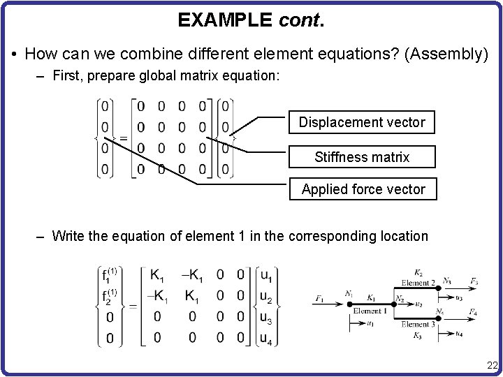 EXAMPLE cont. • How can we combine different element equations? (Assembly) – First, prepare