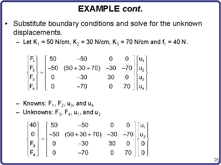 EXAMPLE cont. • Substitute boundary conditions and solve for the unknown displacements. – Let