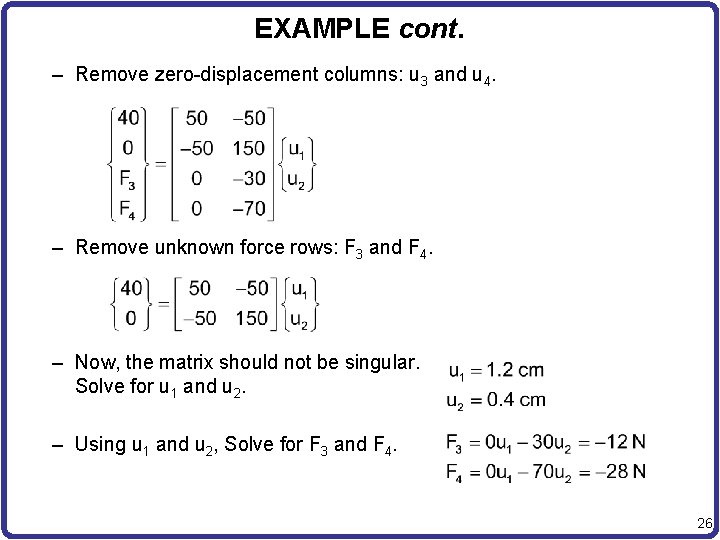 EXAMPLE cont. – Remove zero-displacement columns: u 3 and u 4. – Remove unknown