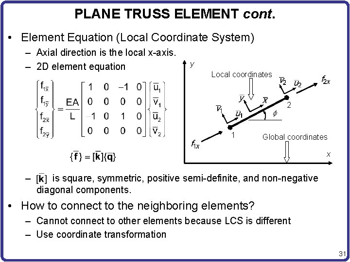 PLANE TRUSS ELEMENT cont. • Element Equation (Local Coordinate System) – Axial direction is