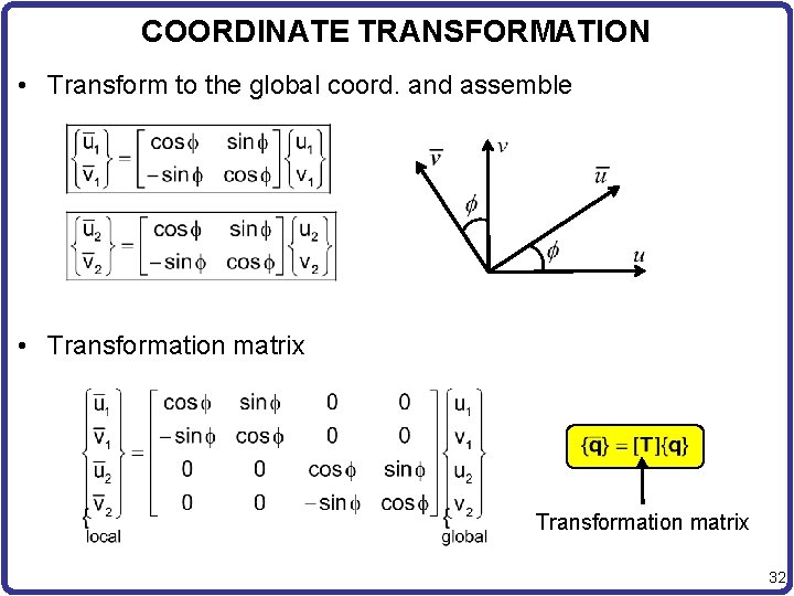 COORDINATE TRANSFORMATION • Transform to the global coord. and assemble • Transformation matrix 32