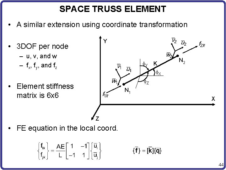 SPACE TRUSS ELEMENT • A similar extension using coordinate transformation Y • 3 DOF