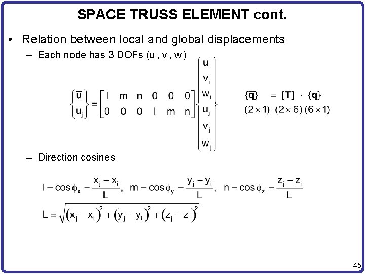 SPACE TRUSS ELEMENT cont. • Relation between local and global displacements – Each node